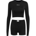 Conjunto deportivo de dos piezas para mujer Top corto de manga larga y escote redondo Pantalón corto elástico ajustado Conjunto fitness para hacer ejercicio 4