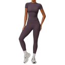 Conjunto deportivo para mujer con leggings y camiseta de manga corta, de un solo color, nylon, poliéster, cómodo y estiloso para fitness 9