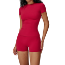 Conjunto desportivo feminino com calções e t-shirt de manga curta, unicolor, nylon, poliéster, confortável e estiloso para fitness 2