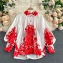 Conjunto feminino blusa e calções Blusa com gola e botões Mangas balão com punho Calções com bolsos Padrão ornamental Poliéster 4