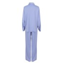 Conjunto feminino camisa brilhante de manga longa e calças largas Conjunto elegante com colarinho e fecho oculto em poliéster 6