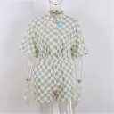 Conjunto feminino camisa xadrez larga com mangas curtas e calções Padrão xadrez verde e branco com flores coloridas Cintura elástica Poliéster 4