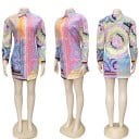 Conjunto feminino de camisa e saia plissada Padrão ornamental colorido Camisa com mangas longas e colarinho Saia com cintura elástica Poliéster 5