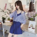 Conjunto feminino de três peças em algodão e linho Camisa solta com mangas até ao cotovelo Camisola de alças finas Calções de cintura 7