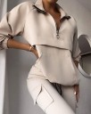 Conjunto feminino sweatshirt com fecho e gola alta e calças com bolsos Bolso canguru Mangas raglan Punhos elásticos Poliéster e algodão Bege 2