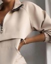 Conjunto feminino sweatshirt com fecho e gola alta e calças com bolsos Bolso canguru Mangas raglan Punhos elásticos Poliéster e algodão Bege 3