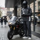 Conjunto moto impermeável: casaco e calças Casaco com gola alta e punhos elásticos Calças retas Pretas com detalhes cinzentos e vermelhos 11