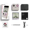Controlador móvil vertical con Bluetooth en estilo retro gris claro con botones morados con caja protectora y cordón para jugar en el teléfono 5