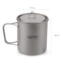 Copo de água ultraleve em titânio 750 ml com tampa e pega dobrável 11 x 9,7 cm Peso 121 g Copo de campismo com saco de armazenamento para atividades 2
