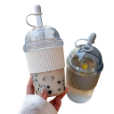 Copo de plástico para bebidas com palhinha e proteção contra derrames 430 ml Garrafa de plástico para beber com anel de silicone adequada para bebidas quentes 1