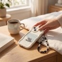 Coque arrière avec un chat pour Samsung Galaxy A26 5G Chaîne de perles pour poignet Résistante Coins et appareil photo protégés Crème Bord ondulé 3