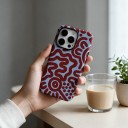 Coque double couche pour iPhone 16e Motif abstrait de lignes ondulées et de points Bleu clair et rouge brique Résistante aux chutes et aux rayures 2