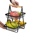 Coș de depozitare cu două etaje pentru alimente 33 × 27,5 × 17,5 cm suport metalic negru pentru fructe, gustări și provizii de bucătărie 2