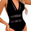 Costum de baie întreg pentru femei cu bretele late, decolteu în V, semi-transparent, într-o singură culoare, din poliester și nailon 5