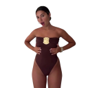 Costum de baie pentru femei, dintr-o piesă, fără bretele, cu decolteu în O, cu ornament pe piept, uni, din Spandex, Nylon, costume de baie elastice elegante 4