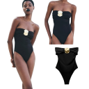Costum de baie pentru femei, dintr-o piesă, fără bretele, cu decolteu în O, cu ornament pe piept, uni, din Spandex, Nylon, costume de baie elastice elegante 5