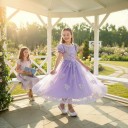 Costum de prințesă pentru fete Rochie lungă cu mâneci balon și șnur dantelă și broderie bumbac poliester și plasă 6