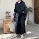 Costum pentru femei cămașă și pantaloni Cămașă oversize neagră cu buzunare mari și mâneci lungi Pantaloni lungi și largi Poliester 3