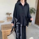 Costum pentru femei cămașă și pantaloni Cămașă oversize neagră cu buzunare mari și mâneci lungi Pantaloni lungi și largi Poliester 4