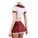Costum sexy cosplay pentru femei, top alb scurt cu guler marinar și legare, și fustă mini plisată roșie cu dantelă 7