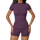 Costum sportiv pentru femei cu pantaloni scurți și tricou cu mânecă scurtă, uni, nylon, poliester, confortabil și stilat pentru fitness 5