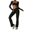 Costum sportiv pentru femei cu pantaloni și crop top cu mânecă lungă, uni, nylon, spandex, confortabil și stilat pentru fitness 1