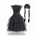 Costume da Bambina Abito Nero con Collo e Gonna a Strati Parrucca con Frangia e Treccine Cintura Poliestere Nero per Halloween e Carnevale 10