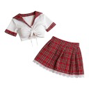 Costume da cosplay sexy da donna con crop top bianco e colletto da marinaio e gonna mini a pieghe rossa a quadri con bordo in pizzo 1