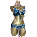 Costume da danza del ventre da donna con strass, perline e frange, reggiseno, cintura e collana per esibizioni di danza e carnevale 8