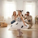 Costume da Mucca per Ragazze Abito con Gonna Tutu e Motivo Maculato Cerchietto con Corna e Velo Codino con Pompon Raso e Pizzo Nero e Bianco 5