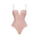 Costume de baie întreg pentru femei roz Design uni Decolteu în V Bretele subțiri Poliester Spandex Elastic Costume de baie de vară pentru plajă 3