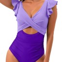 Costume de baie întregi pentru femei cu mânecă scurtă și volane Decolteu în V Polyester Spandex Costume elastice pentru mare și piscină 6