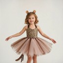 Costume de fille guépard Robe avec jupe tutu et motif tacheté Serre-tête avec oreilles Queue Satin et dentelle Marron et rose Pour carnaval 3