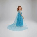 Costume de princesse des glaces pour fille Robe longue avec traîne et paillettes Manches longues transparentes Polyester Bleu Pour carnaval et fête 2