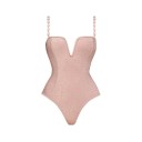 Costumi da bagno interi da donna rosa Monocromatico Scollatura a V Spalline sottili Poliestere Spandex Elastico Costumi da bagno estivi 1