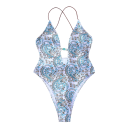 Costumi da bagno interi da donna Spalline sottili Scollo a V Bianchi con segni blu Poliestere Spandex Costumi da bagno estivi eleganti 5