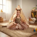 Costumul de fetiță Gepard Rochie cu fustă tutu și model pătat Diademă cu urechi Codiță Satin și dantelă Maro și roz Pentru carnaval 6