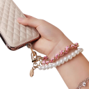 Courte sangle pour téléphone mobile au poignet Sangle en simili cuir tissée à la main Pendentif perlé et floral Attache de sécurité contre la perte 4