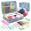 Crochet Set with Yarn 5 pcs 12 Silver Hooks 9 Hooks with Handle Accessories Needles Tape Scissors Case Blue Cherries 2