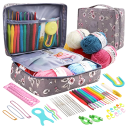 Crochet Set with Yarn and Accessories Soft Grip Hooks Silver Hooks Needles Pins Rose Print Case 2