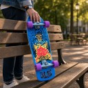 Cruiser skateboard com motivo de feiticeiro com fogo Duração 79,4 cm Azul com rodas roxas Para andar pela cidade e ciclovias 5