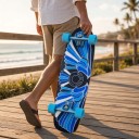 Cruiser skateboard con motivo di ali blu e bianche Lunghezza 78,7 cm Blu e nero con ruote blu Per andare in città e su piste ciclabili 2