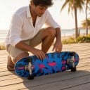 Cruiser skateboard met drakenmotief Lengte 83,8 cm Zilveren trucks Blauw met roze strepen en zwarte wielen Voor de stad en fietspaden 6