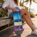 Cruiser skateboard S kicktailem a kolečky 70 mm Délka 78,7 cm Stříbrné trucky Šedomodrý s fialovými koly Na město a chodníky 5