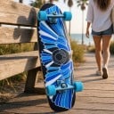Cruiser skateboard S motívom modrobielych krídel Dĺžka 78,7 cm Modročierny s modrými kolami Na jazdenie po meste a cyklotrasách 3