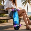 Cruiser skateboard S motívom modrých vĺn Dĺžka 81,3 cm Strieborné trucky Čierny s fialovými kolami Na jazdenie po meste a cyklotrasách 4