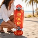 Cruiser skateboard S motívom slnka Dĺžka 78,7 cm Strieborné trucky Oranžový so žltými detailmi a bielymi kolami Na jazdenie po meste 2