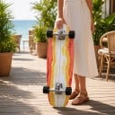 Cruiser skateboard S narancssárga-sárga dekorral Hossza 76,8 cm Ezüst truckok Fehér fekete kerekekkel Városi és kerékpárutakon való használatra 6
