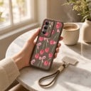 Cseresznye mintás tok Samsung Galaxy S25-höz Szilikon tok csuklópánttal Telefon tok kamerakerettel 9