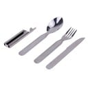 Cubiertos de camping 4 en 1 Cuchillo, tenedor, cuchara y abridor de acero inoxidable Las piezas se insertan unas dentro de otras Juego compacto 4